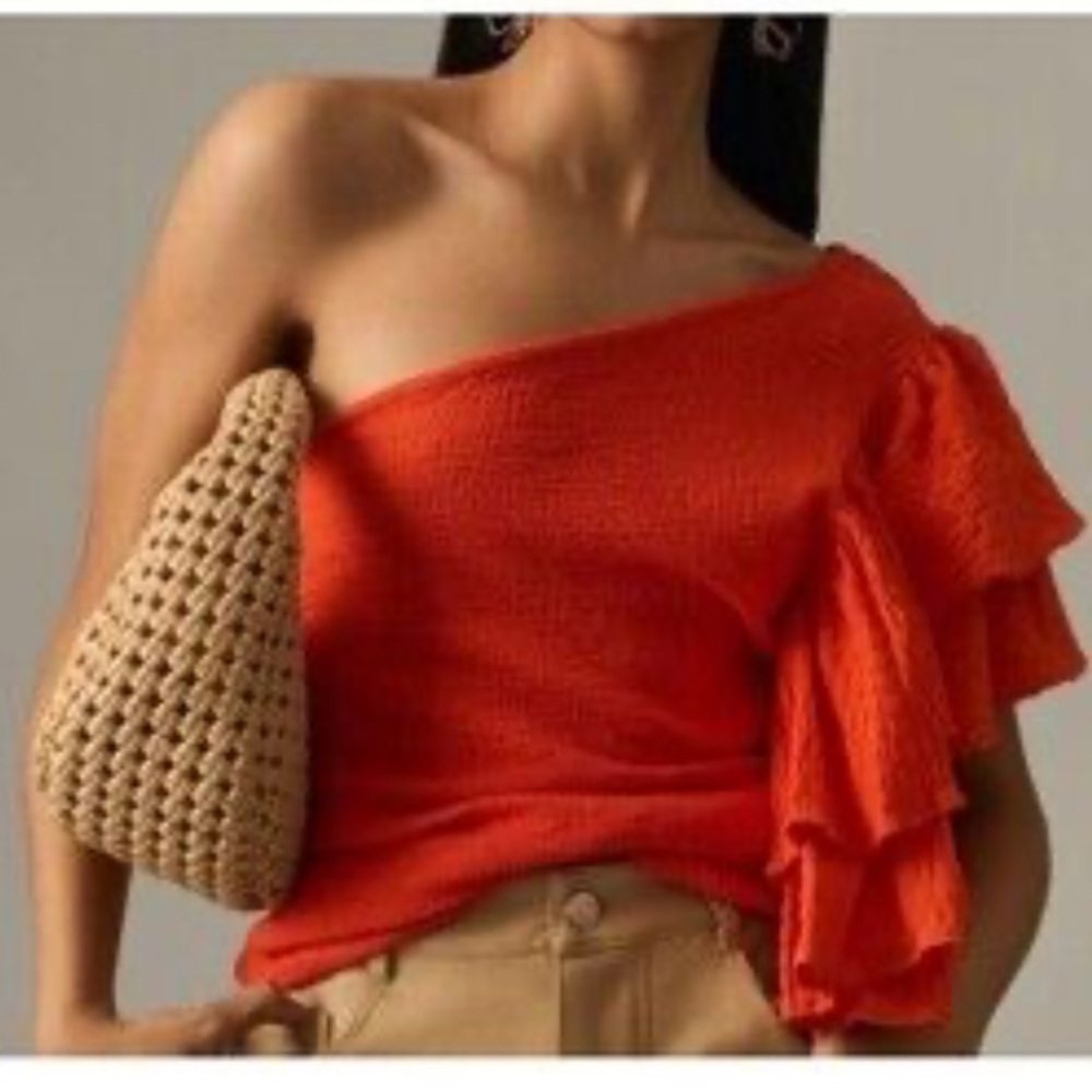 Anthropologie One-Shoulder Stretch Ruffle Top Size: M